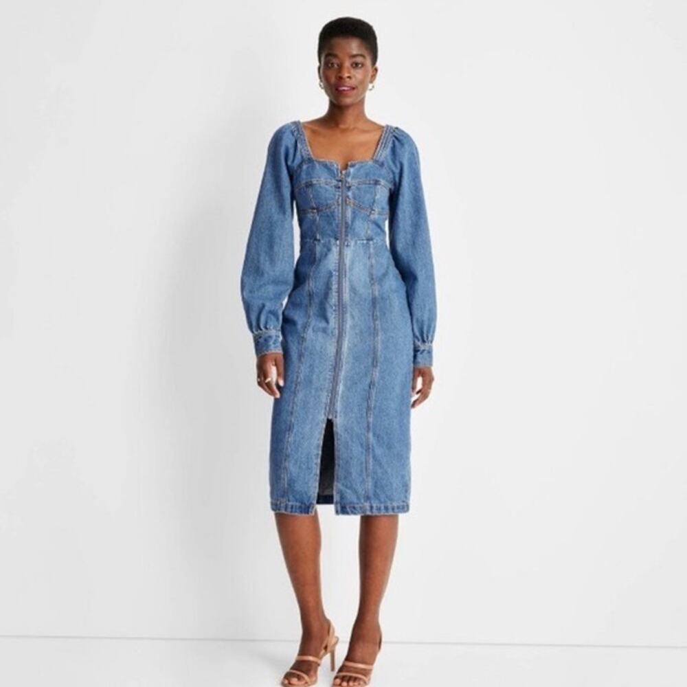 Future Collection Women's Puff Sleeve Square Neck 70s Bohemian Denim Dress 0